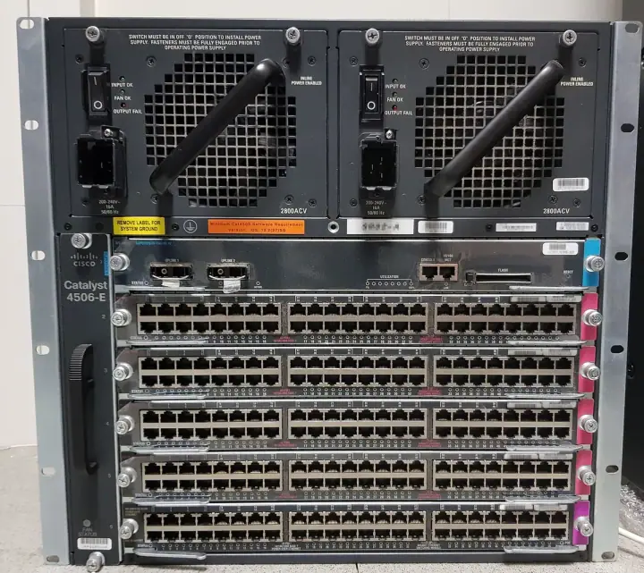 Cisco Catalyst 4506-E switch chassis with line cards and dual power supplies