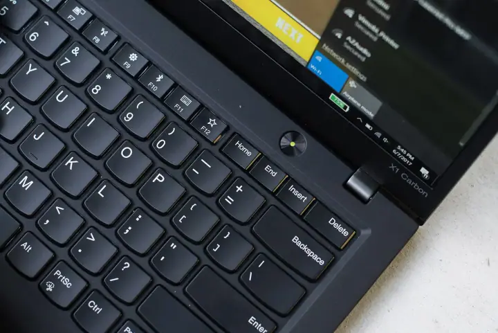 Close-up of a Lenovo ThinkPad X1 Carbon keyboard and TrackPoint